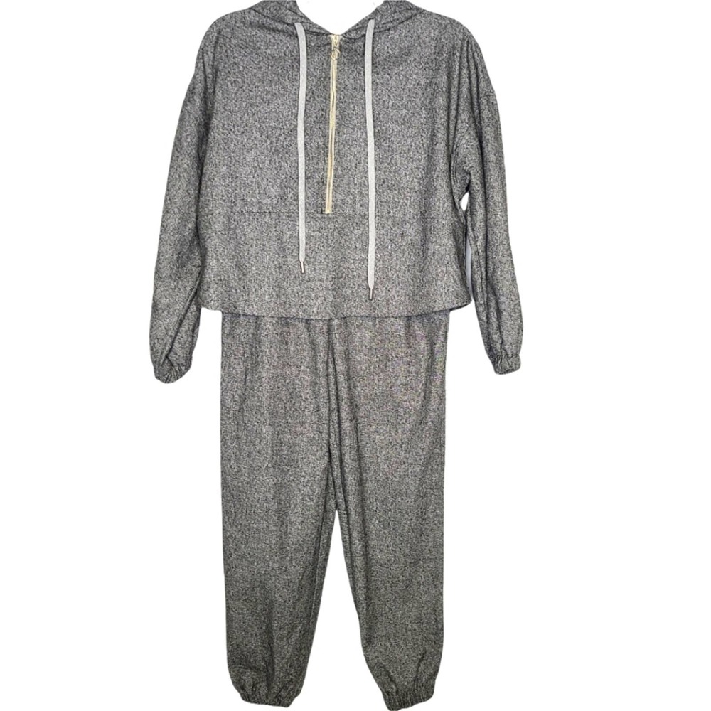 NWOT Zara Heathered Black Gray Soft Flannel Cropped Hoodie/Jogger Pants Set